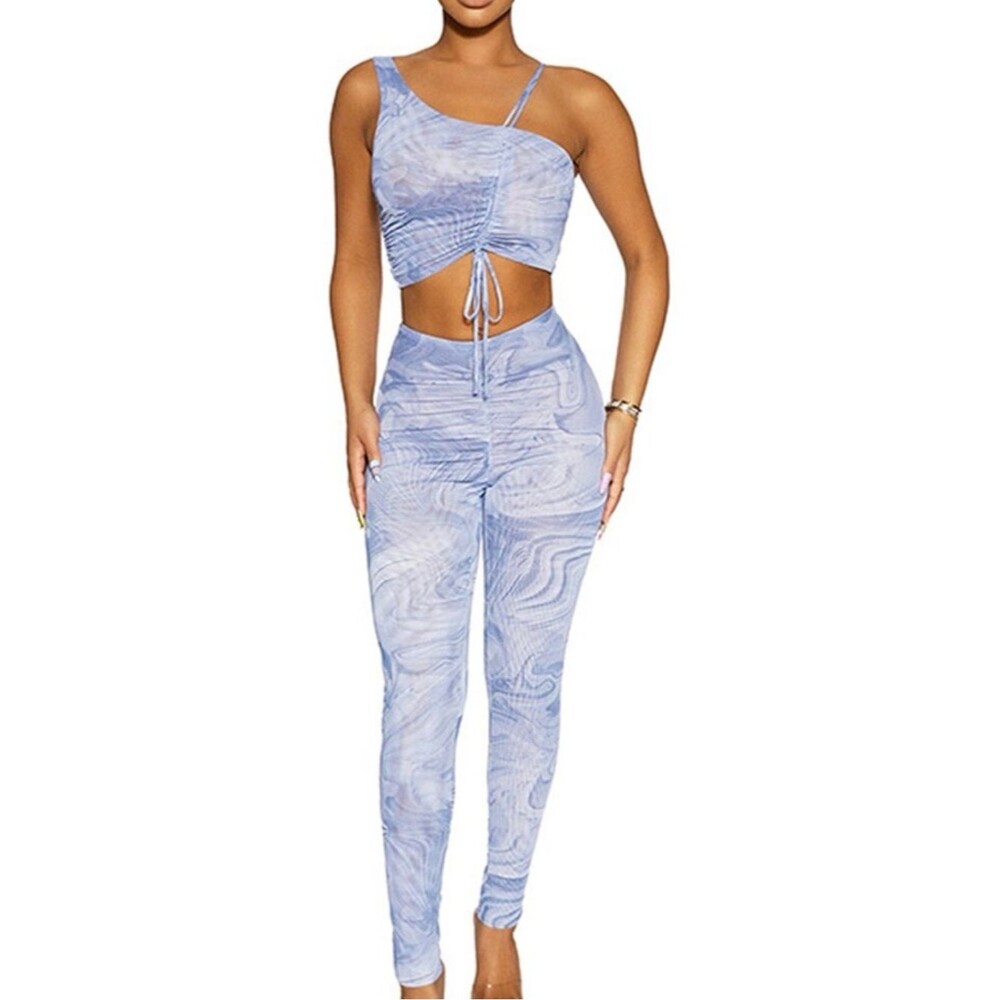Naked Wardrobe NEW Women Large Blue Marble Swirl Geometric Sheer Ruched Leggings
